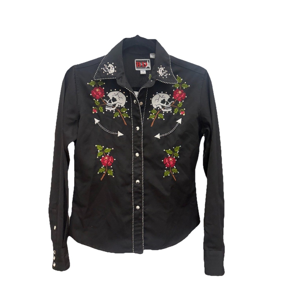 Brooks & Dunn Pearl Snap Shirt XS Embroidered Roses & Skulls Western Rockabilly